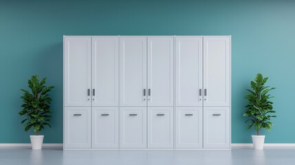 Modern Minimalist White Storage Cabinets with Green Plants in Room