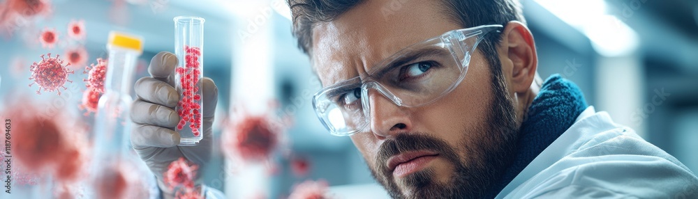 Poster a focused scientist examines samples in a lab, surrounded by red particles, showcasing a study in bi