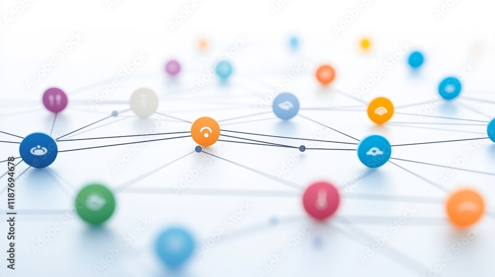Poster abstract network of colorful technology icons on white background