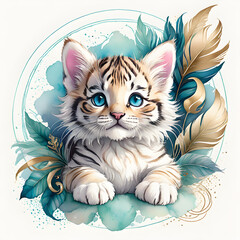 cat,  tiger kitten with cyan and gold feathers