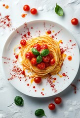 Delicious Spaghetti with Cherry Tomatoes and Basil on a White Plate Surrounded by Fresh Ingredients and Seasoning Ideal for Food Photography