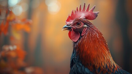 Fototapeta premium Rooster autumn forest portrait, nature background, wildlife photography, farm animal
