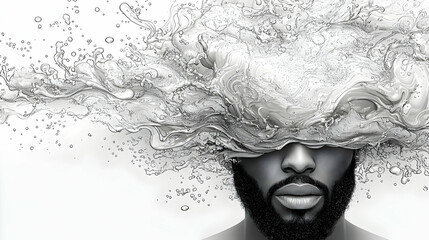 Man's face engulfed by water splash, white background, digital art, for advertising