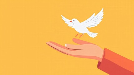 Naklejka premium Gentle hand releasing a white dove against a vibrant yellow background symbolizing peace, freedom, and hope in a minimalistic and modern design concept