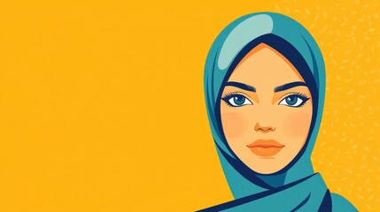 Illustrated portrait of a confident young woman wearing a headscarf against a bright yellow background, showcasing strong features and distinct colors
