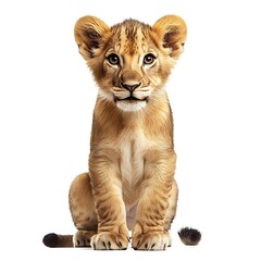 Obraz premium Cute lion cub sitting, white background, wildlife, animal portrait, for kids' books