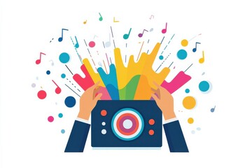 Colorful Music Explosion with Hands Holding a Retro Style Speaker Surrounded by Vibrant Notes and Splashes for Creative and Artistic Designs