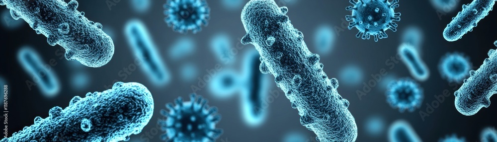 Poster a close-up view of microscopic bacteria and viruses, showcasing their intricate structures in a vibr