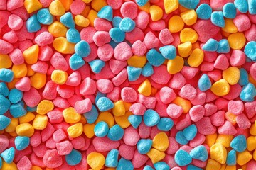 Colorful candy pebbles in pink, yellow, and blue. Perfect for backgrounds, food blogs, or candy-themed designs.