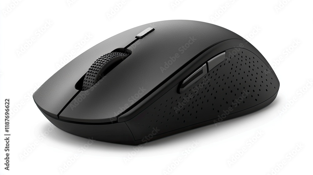Poster sleek black wireless computer mouse with textured scroll wheel and side buttons, isolated on white b