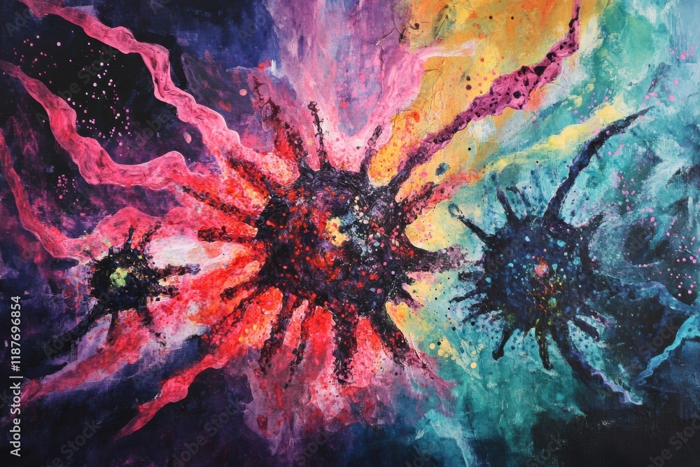 Poster virus transformation and mutation depicted in vibrant colors and dynamic patterns showcasing the com