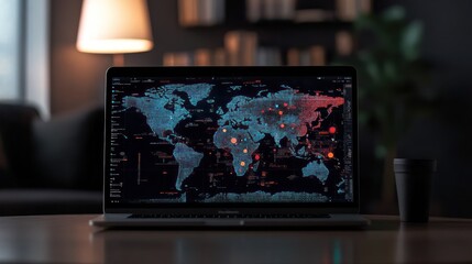 Global Data Visualization on Laptop Screen at Night