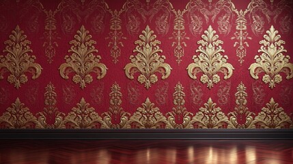 Luxurious red and gold baroque wallpaper design with ornate patterns