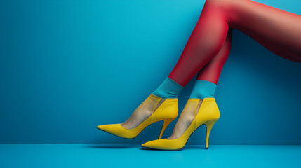 Stylish Color Block Fashion: Elegant Yellow Heels and Contrasting Tights on Blue Background