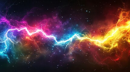 Fototapeta premium Vibrant cosmic lightning, blue and orange, streaks across a nebula. Ideal for fantasy, energy, power, and cosmic themes.