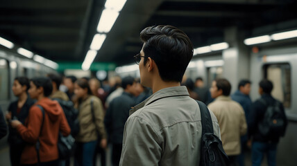 Fototapeta premium Young man waits at a crowded subway station.