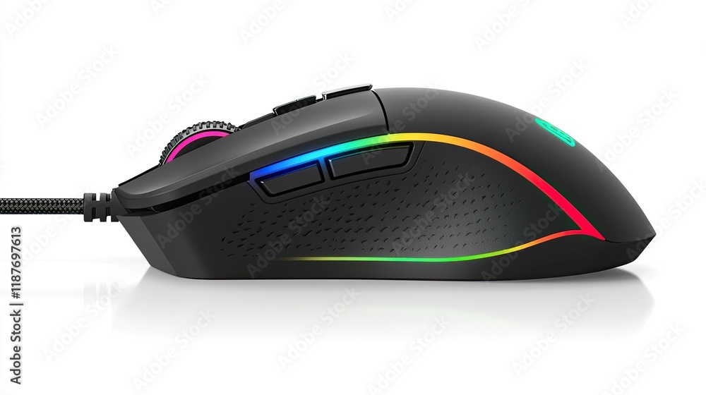 Poster rgb illuminated wired gaming mouse with ergonomic design and textured surface.