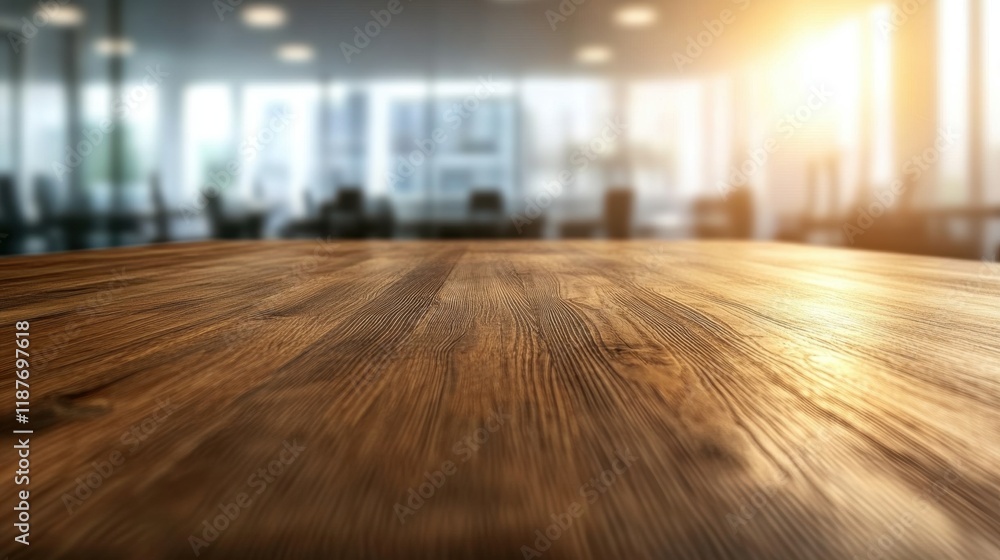Poster wooden table in an office setting with a blurred background creating a professional atmosphere