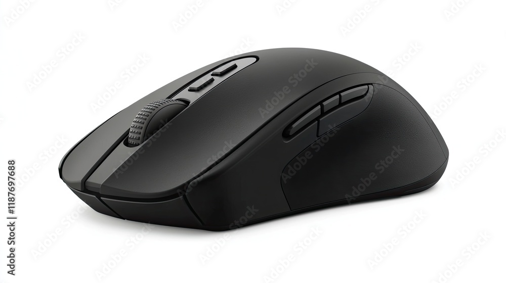 Poster black wireless computer mouse isolated on white background. ergonomic design with buttons and scroll