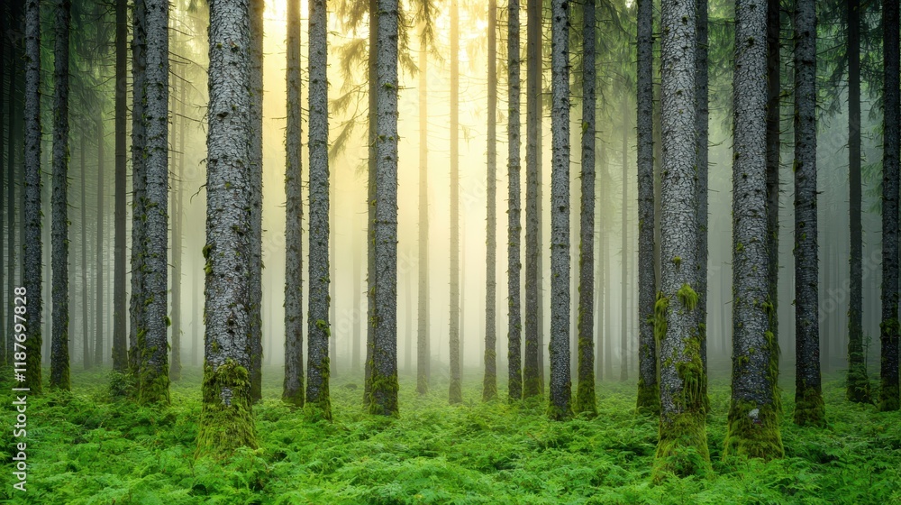 Poster serene forest landscape with fog and gentle light filtering through trees