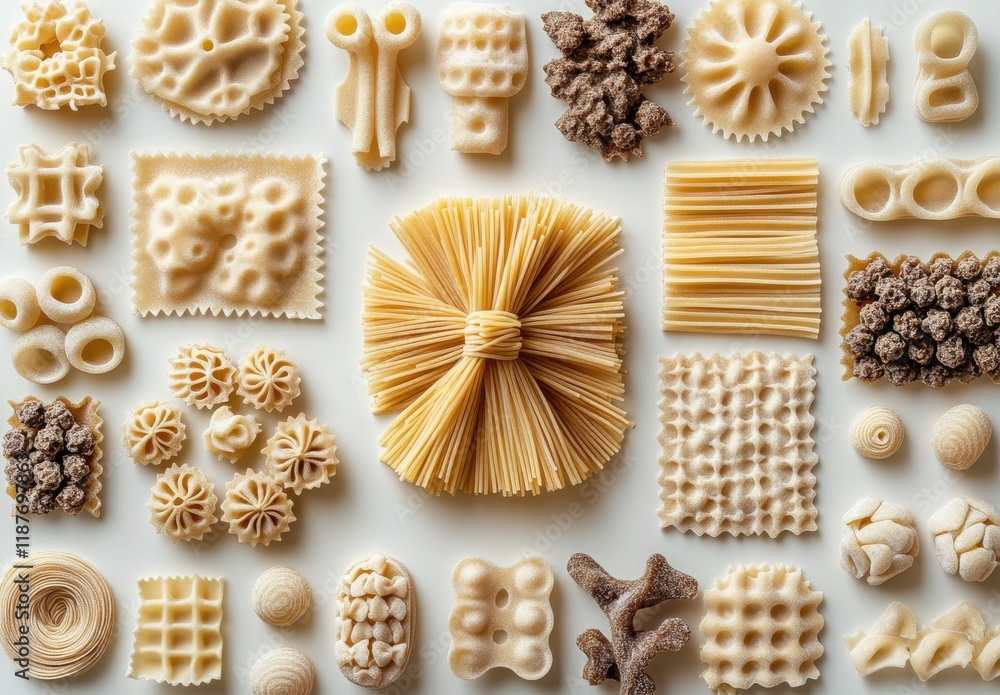 Poster diverse array of unique pasta shapes and textures displayed creatively on a wooden surface for culin
