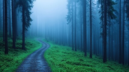 Fototapeta premium Serene Misty Forest Path Through Tall Evergreen Trees at Dusk