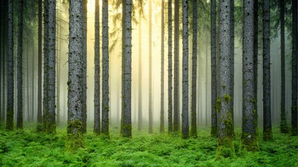 Obraz premium Serene Forest Landscape with Fog and Gentle Light Filtering Through Trees