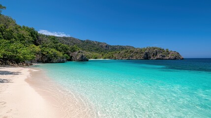 Fototapeta premium Serene Tropical Beach with Crystal Clear Waters and Lush Green Surroundings Under a Bright Blue Sky on a Sunny Day