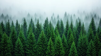 Lush Evergreen Forest in Misty Conditions Surrounded by Mountain Peaks