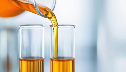 Close-up of oil being poured into a laboratory test tube, symbolizing research and innovation in the oil industry