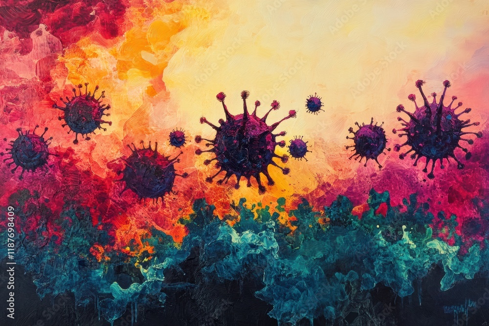 Fototapete virus transformation and mutation depicted through abstract art showcasing vibrant colors and intric