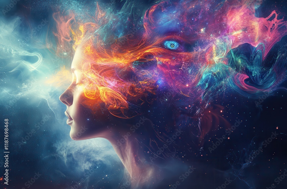 Poster ethereal woman surrounded by cosmic elements with vivid colors and intricate patterns representing t