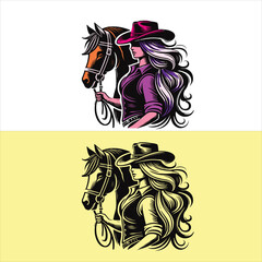 A vector western cowgirl standing beside on her horse
