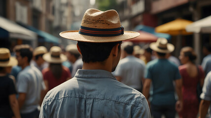 Man in Straw Hat Amidst Crowded Market Scene