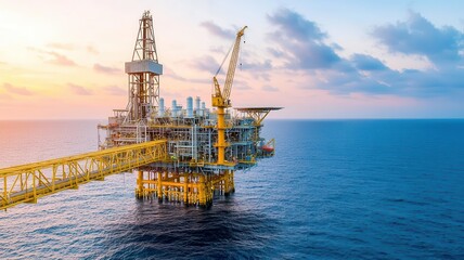 Massive offshore oil rig in the middle of the ocean, surrounded by calm blue waters, with the sun setting in the background