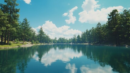 Serene lake reflecting sky and trees in a tranquil forest.