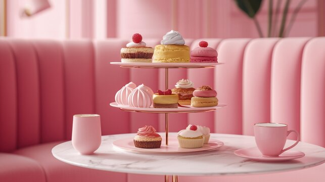 Pink pastel tiered cake stand with assorted desserts in a pink room.