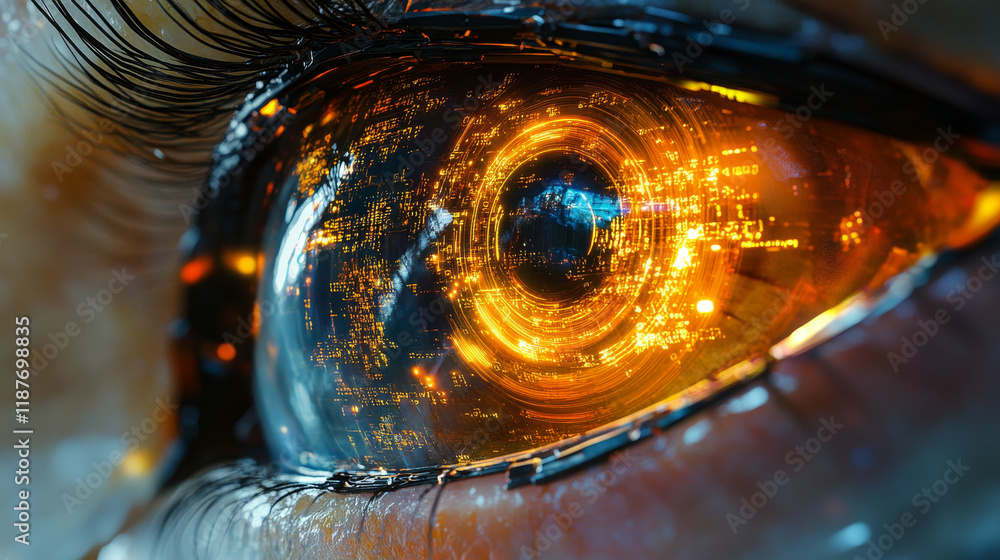 Poster close up of robotic eye with glowing digital data flowing inside