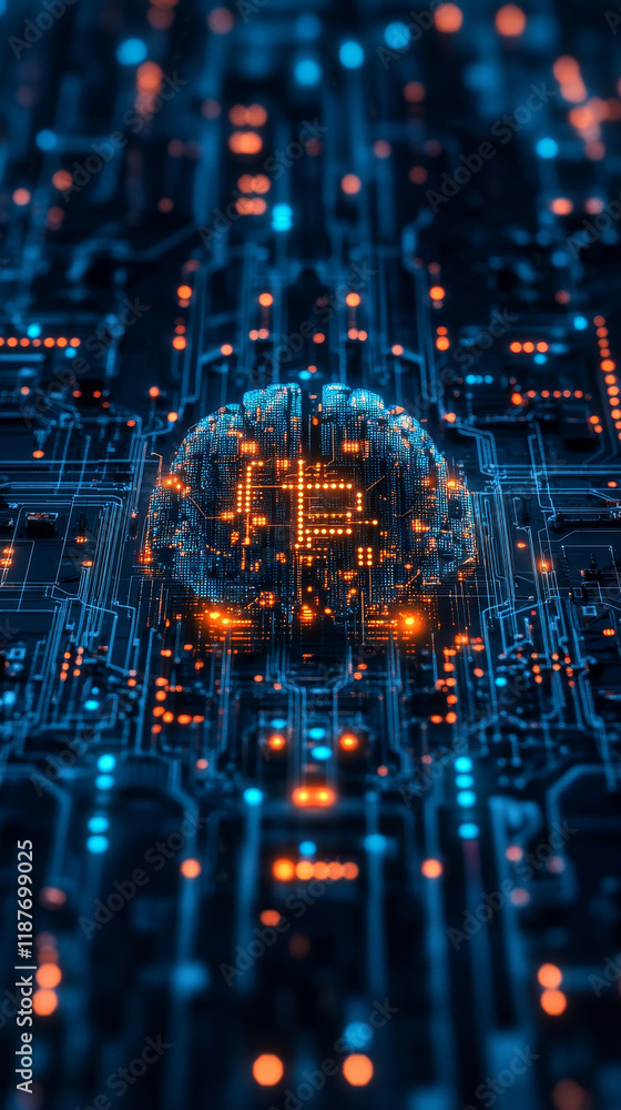 Poster digital brain made of circuits and binary code, glowing in blue and orange hues