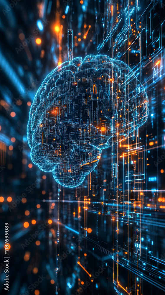 Poster digital brain with circuits and binary code glowing in blue and orange lights