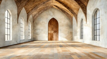 Obraz premium Spacious empty room with wooden ceiling and large arched windows, perfect for creative projects or gatherings