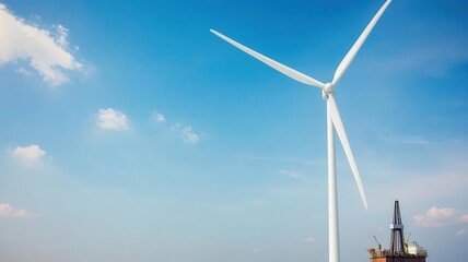 Wind turbines and oil rigs together in a coastal area, symbolizing the contrast between renewable energy and fossil fuels