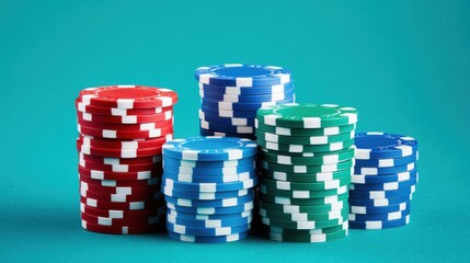 Stacks of Colorful Gaming Chips on a Vibrant Turquoise Background for Casino or Gambling Themes