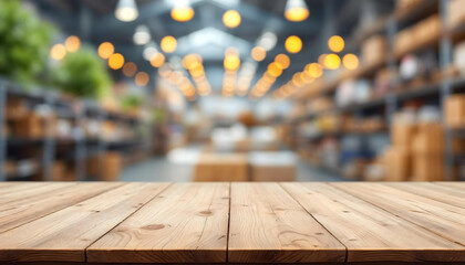 wood table top on blur store factory background 