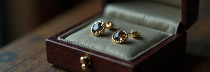 There are gold jewelry on the table, a jewelry store background, free space for text on the right