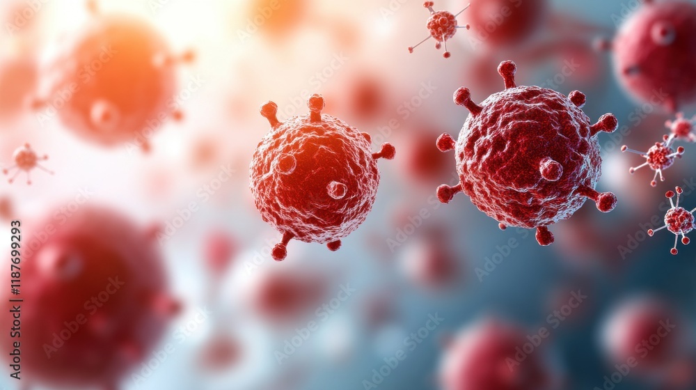 Poster a close-up view of virus particles, showcasing their intricate structures and highlighting the focus