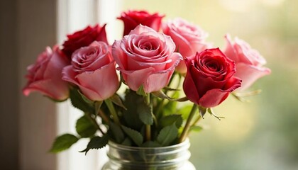 Fototapeta premium Romantic Pink and Red Roses in a Glass Jar: A Soft, Sunny Bouquet