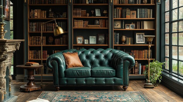 Vintage library with elegant green leather sofa and antique bookshelves