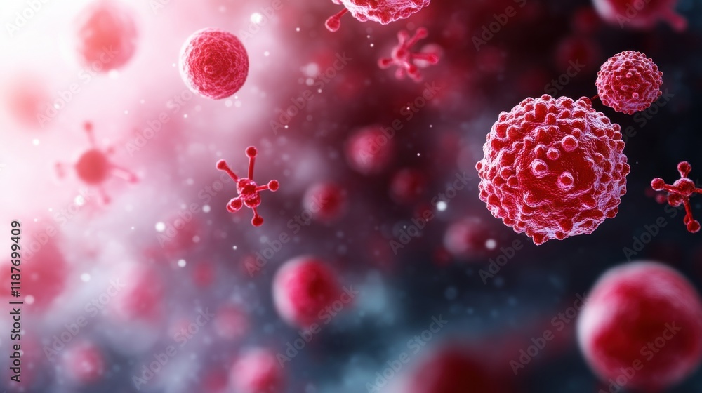 Poster a microscopic view of red cells and viruses, illustrating the complexity and scale of microscopic li