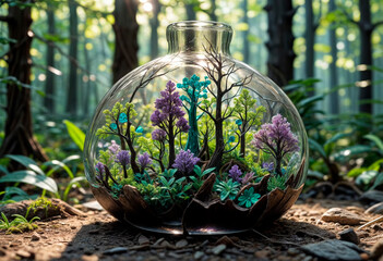 A discarded plastic bottle, sun-bleached and cracked, cradles a miniature, luminous forest. Tiny, intricately detailed trees, their leaves spun from amethyst and emerald glass- generated by ai